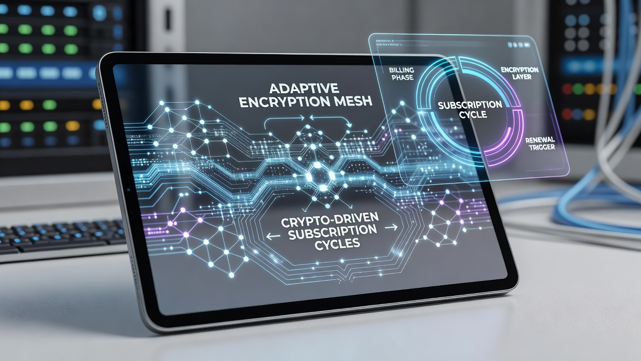 Diagram of adaptive encryption mesh layers integrated with handheld transaction devices and crypto subscription flows