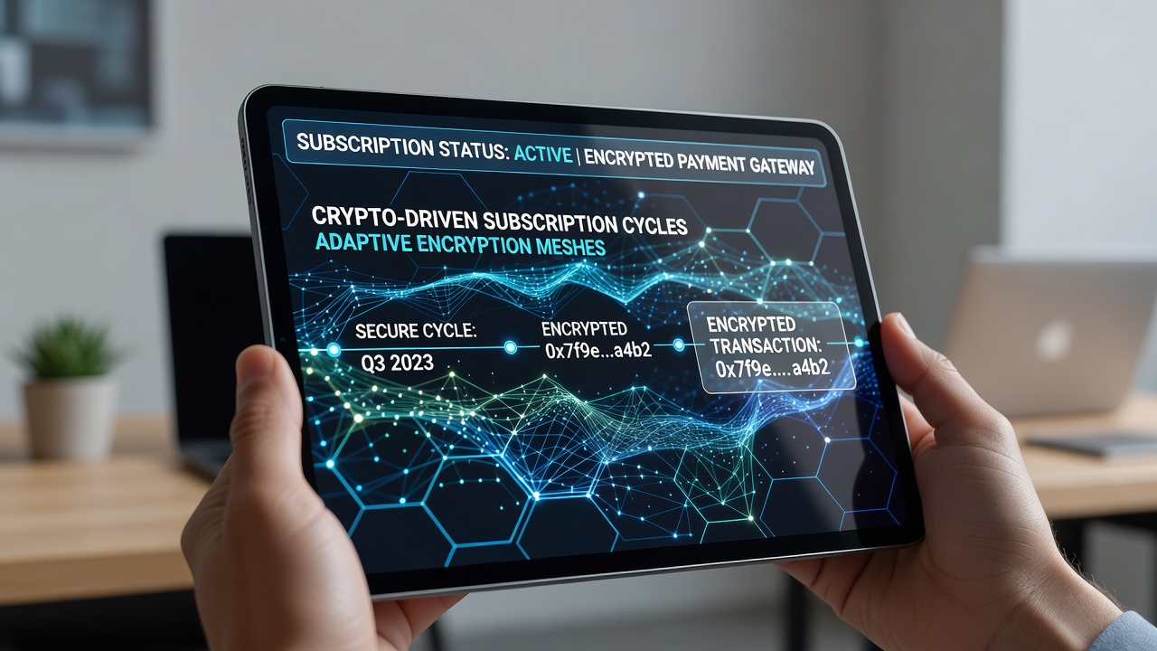 Illustration of crypto subscription cycle secured by adaptive mesh nodes on mobile platforms