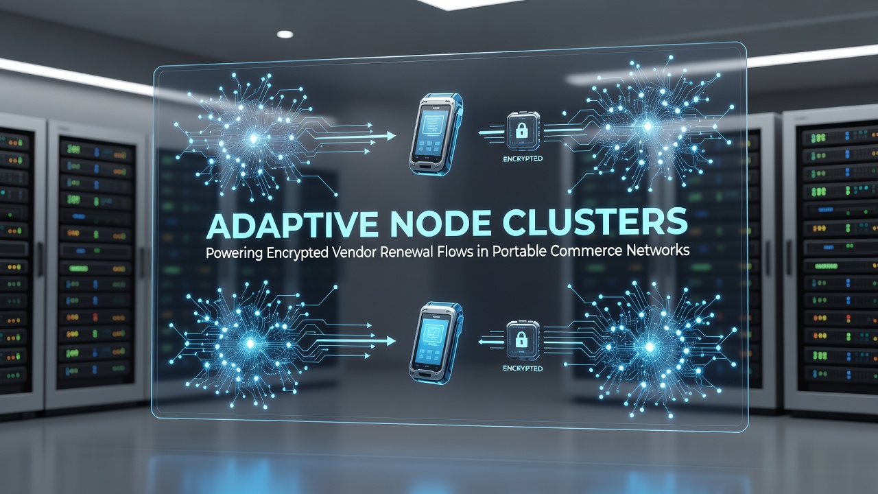Adaptive node clusters coordinating encrypted data flows across portable commerce devices in a distributed network