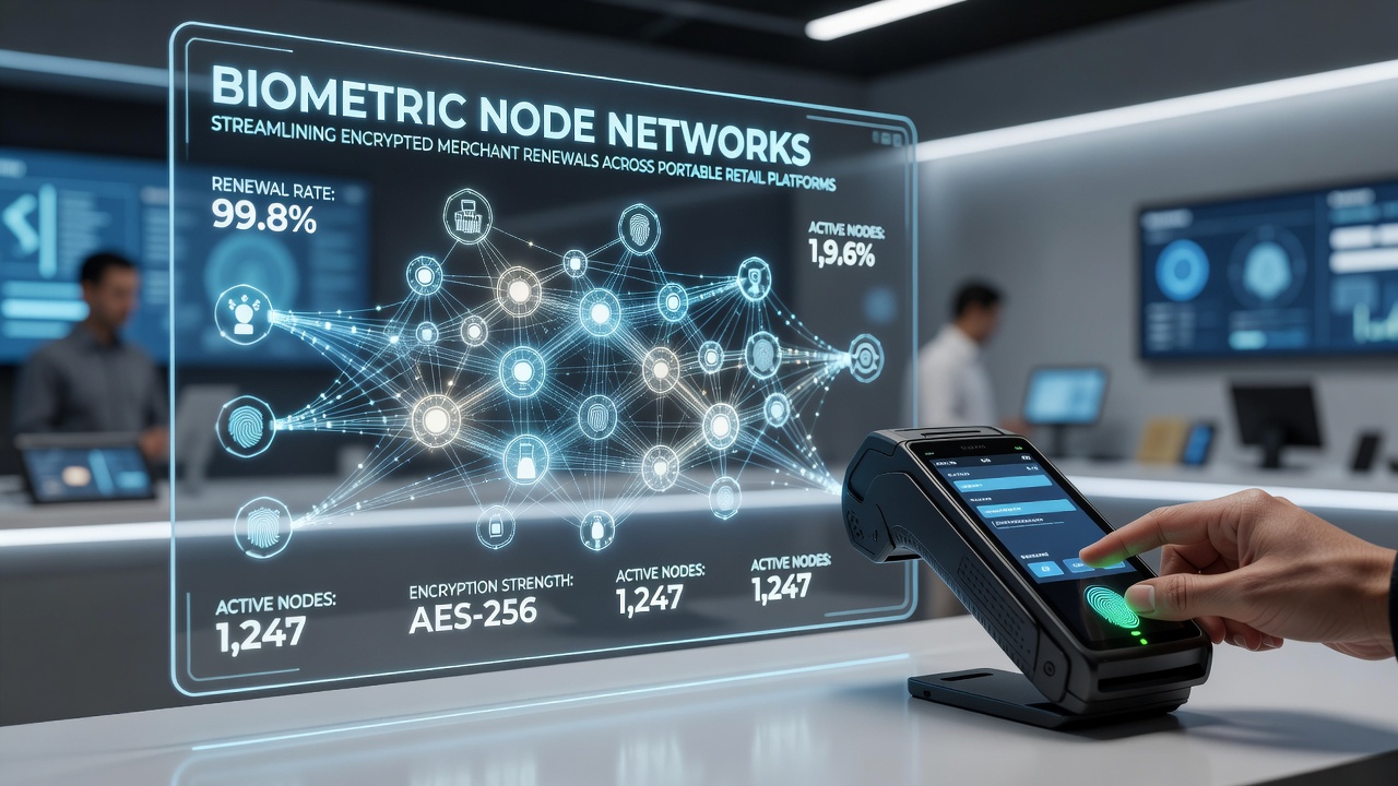 Distributed nodes coordinating encrypted merchant renewal flows on portable retail hardware in real-time environments