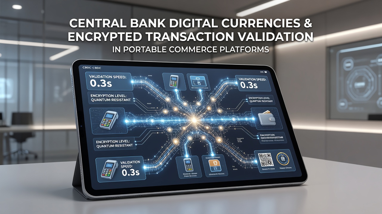 Illustration of central bank digital currency integration with mobile commerce platforms showing encrypted transaction flows