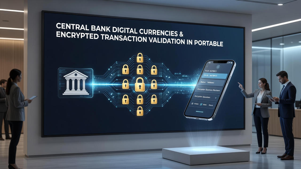 Diagram depicting encrypted validation steps in portable commerce using central bank digital currencies