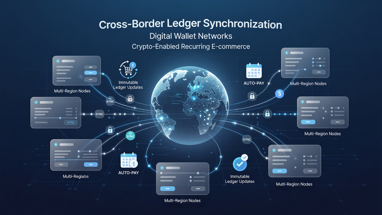 Flow diagram of ledger synchronization steps connecting digital wallets in recurring crypto e-commerce payments
