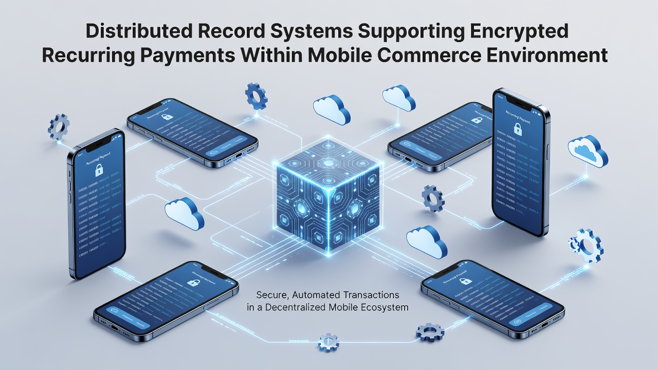 Illustration of mobile devices connecting to encrypted distributed ledgers for recurring payment validation