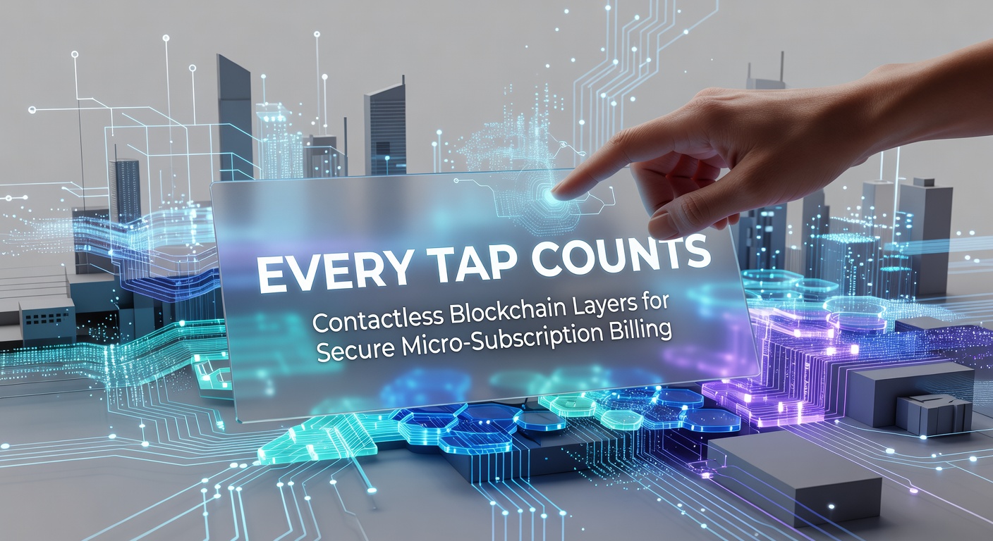 A close-up of a smartphone tapping an NFC reader, with glowing blockchain nodes overlayed in the background, symbolizing seamless contactless micro-payments