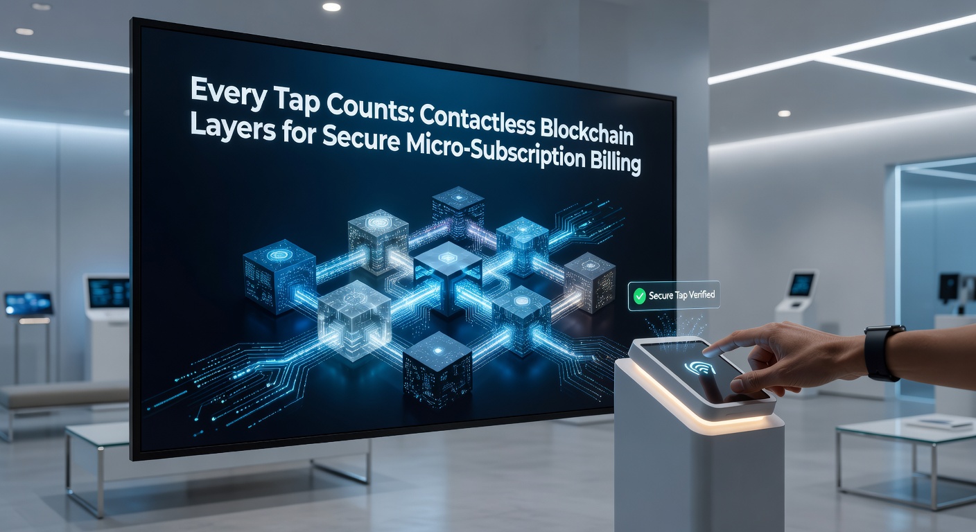 Illustration of layered blockchain architecture with NFC waves connecting a card to a digital wallet, showing micro-transaction flows in real-time