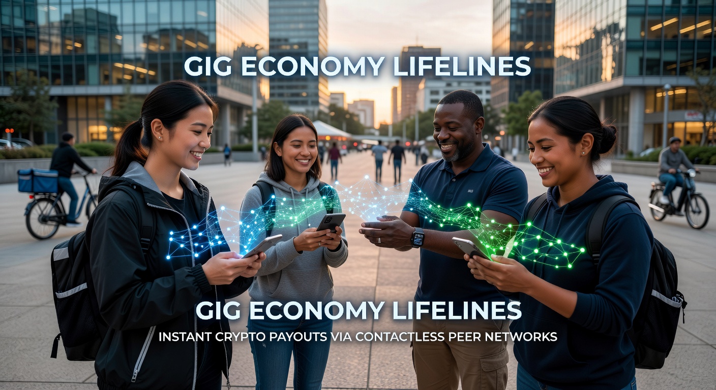 Gig worker checking instant crypto payout on smartphone amid urban hustle, highlighting contactless peer network efficiency
