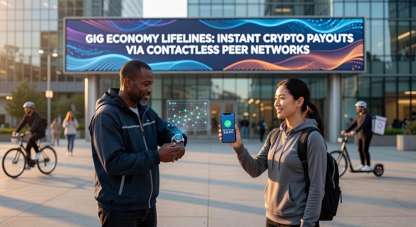Illustration of peer-to-peer crypto transfer between gig workers' devices, showing blockchain nodes and instant flow