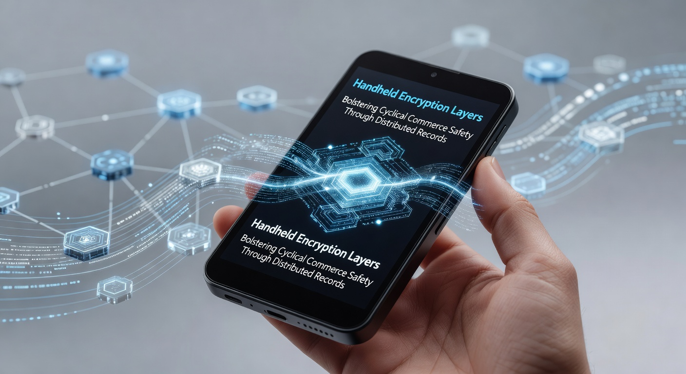 Handheld device displaying encryption layers securing cyclical commerce transactions via distributed records