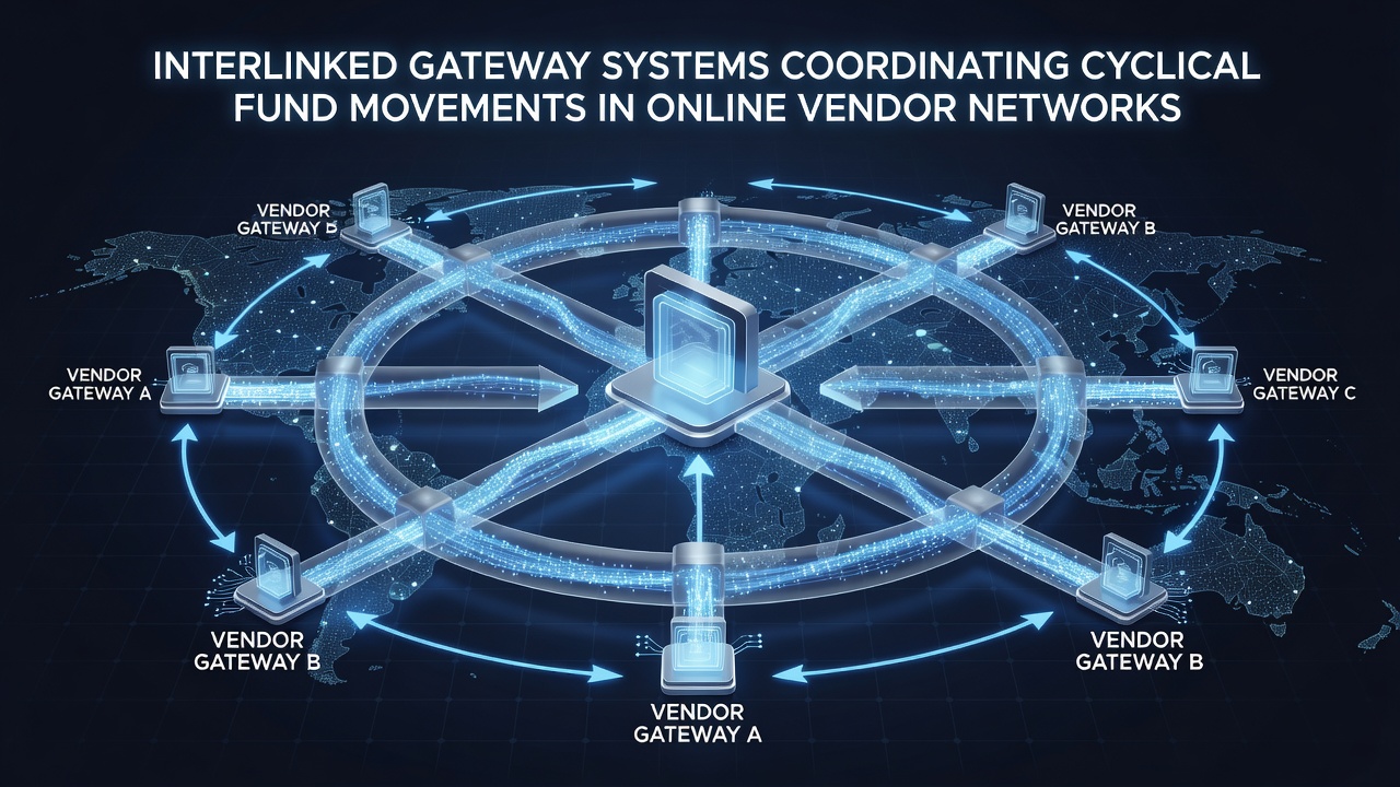 Network diagram showing gateway interconnections managing periodic vendor payments
