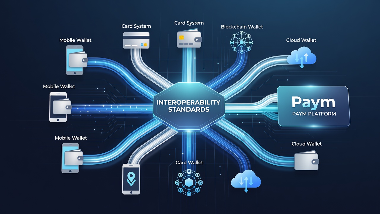 Network diagram showing connections between various digital wallet icons, payment processor servers, and retail point-of-sale systems