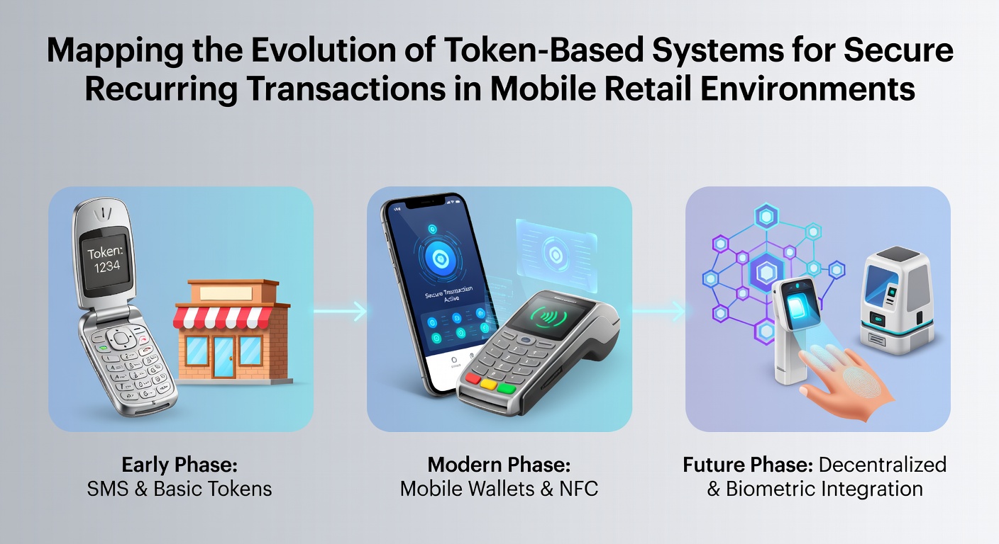 Evolution of token-based payment systems in mobile retail environments showing progression from early digital tokens to modern secure mobile frameworks