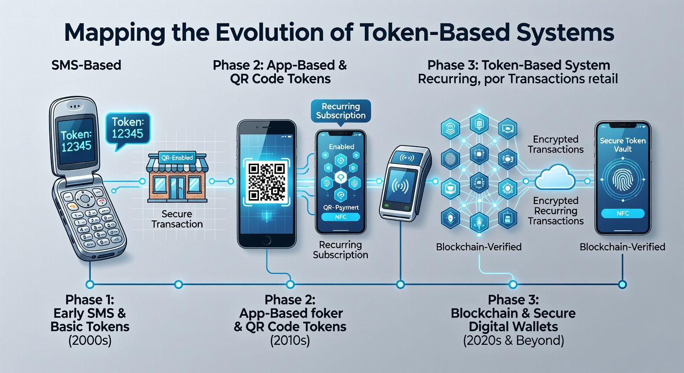 Technical diagram of token-based recurring transaction flows in mobile retail applications