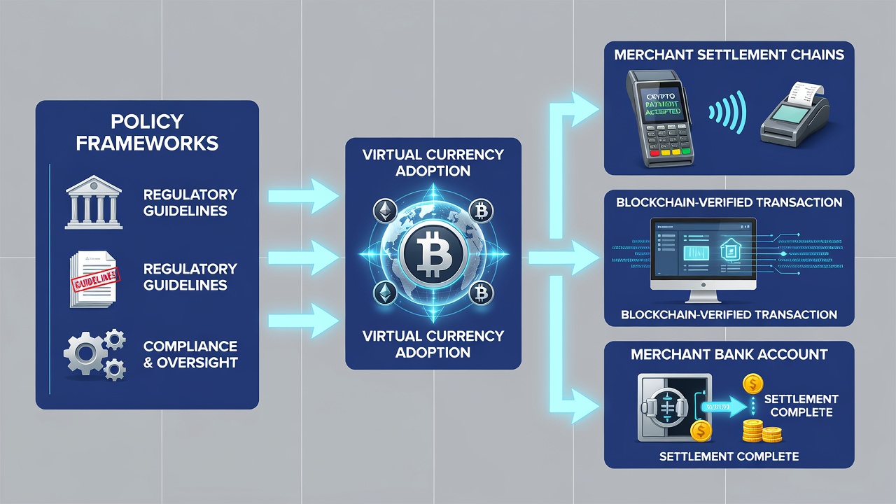 Network diagram showing policy checkpoints along virtual currency settlement paths for merchants