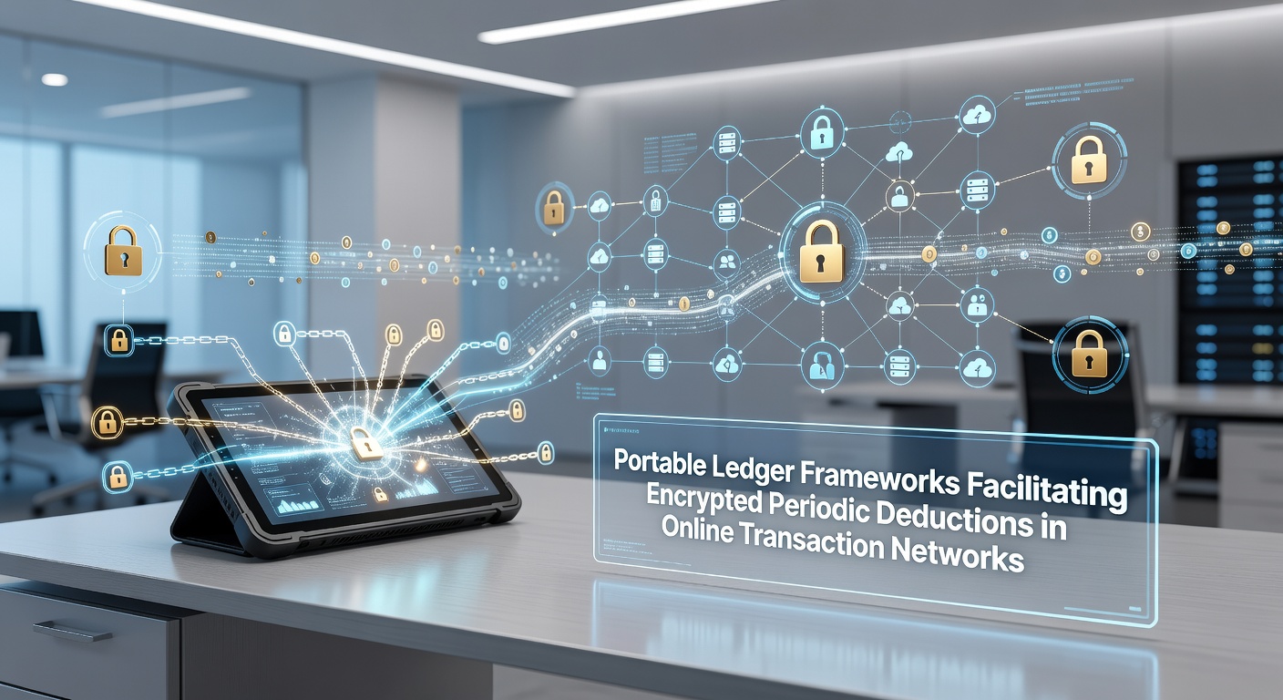 Illustration of portable ledger frameworks processing encrypted periodic deductions across interconnected online transaction networks with secure data flows