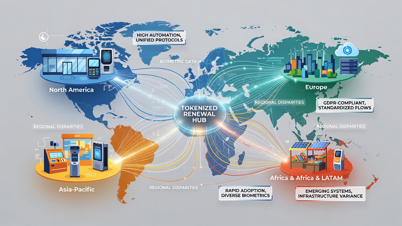 Comparison chart showing biometric data flow differences across European, North American, and Asia-Pacific retail networks