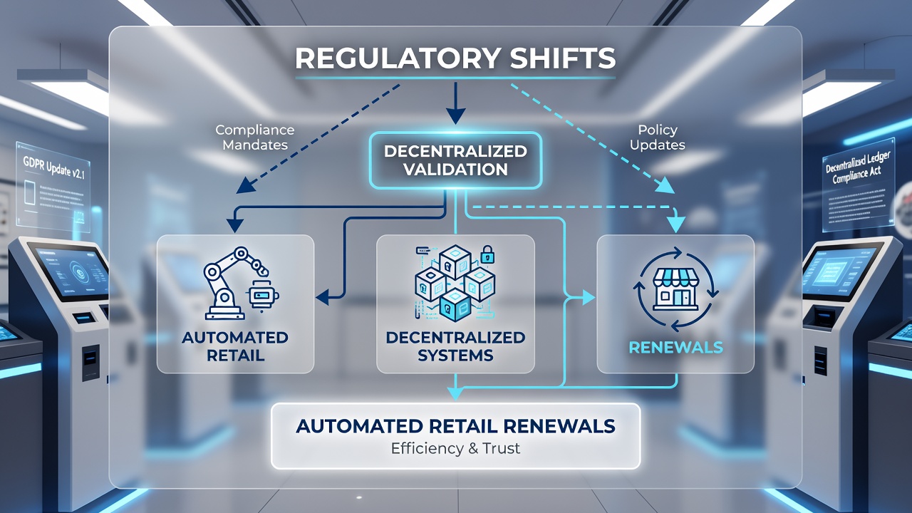 Network diagram showing distributed nodes validating retail subscription renewals across multiple regions