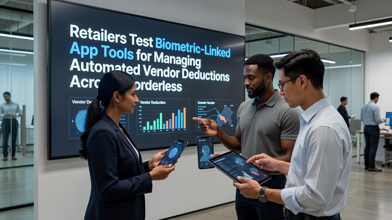 Biometric app interface managing vendor deductions in international retail supply chains