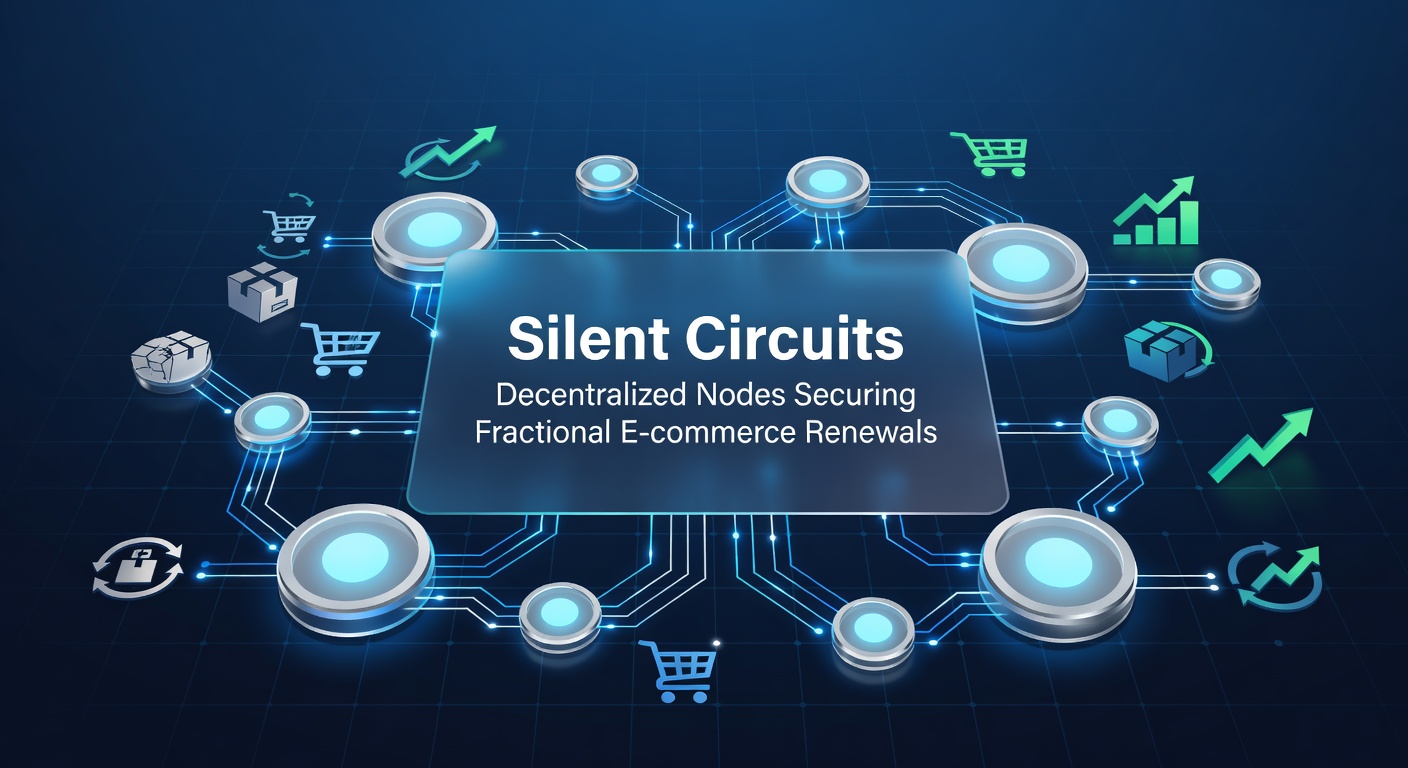 Visualization of interconnected decentralized nodes forming silent circuits in a blockchain network, securing micro-transactions for e-commerce subscriptions