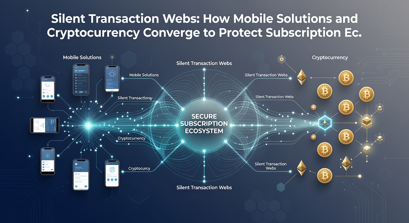 Secure blockchain network visualization showing encrypted data flows between mobile wallets and subscription service nodes