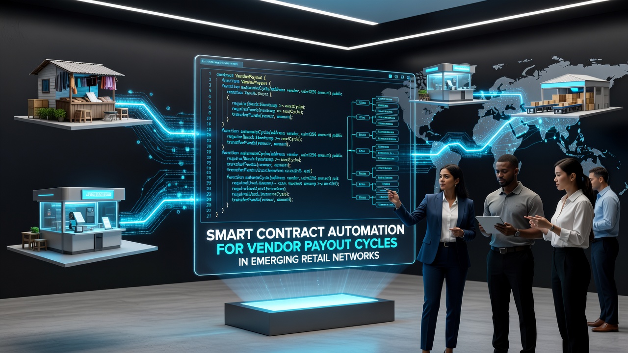 Smart contract interfaces displaying automated vendor payout triggers in retail supply chain dashboards