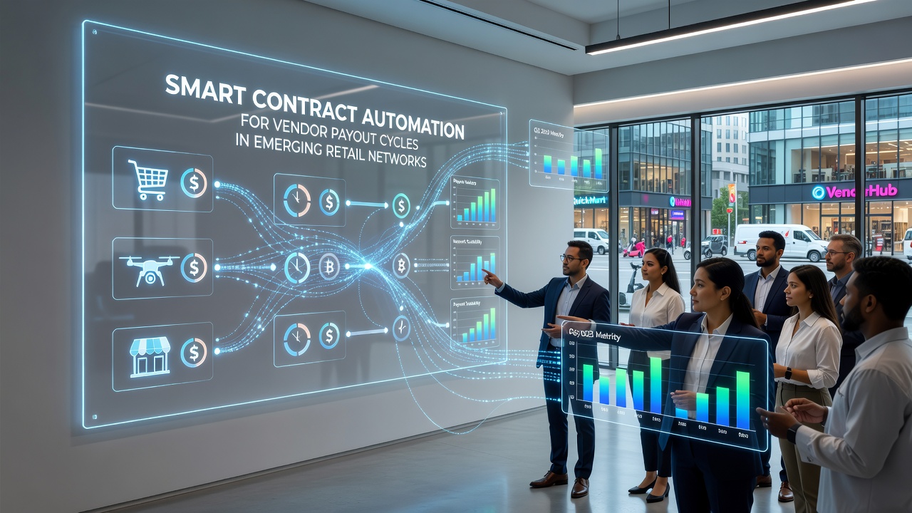 Retail network operators reviewing smart contract audit reports and payout analytics on distributed ledger dashboards