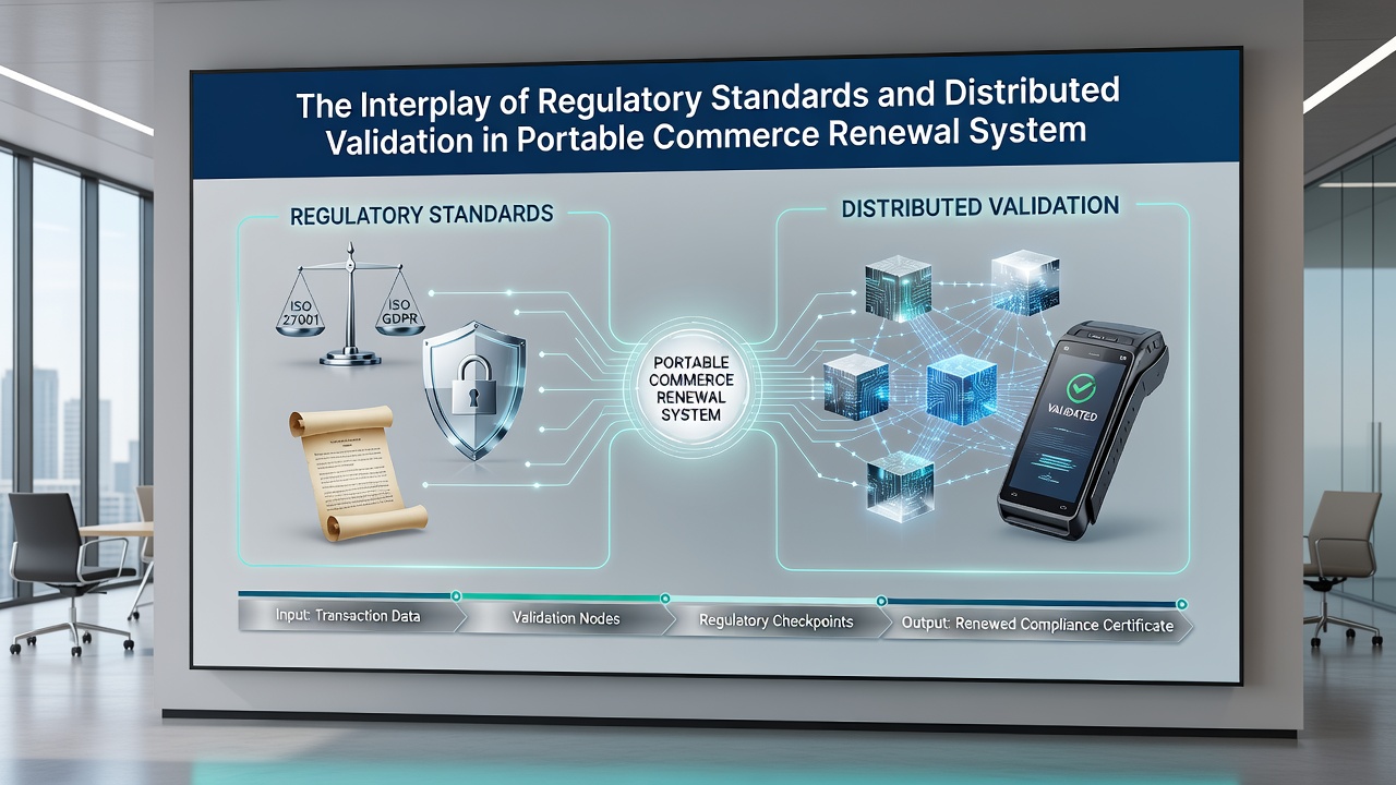 Diagram showing mobile devices connected through distributed nodes with regulatory compliance checkpoints overlaid