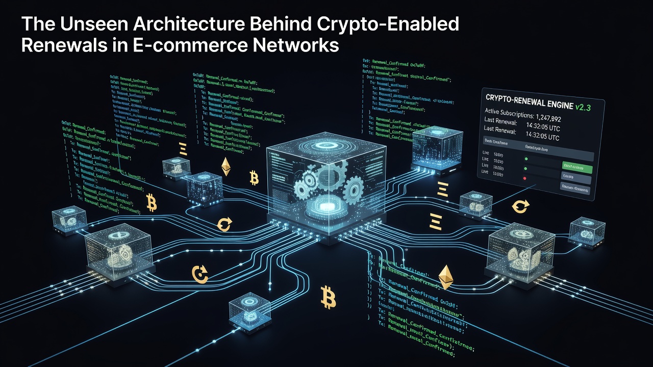 Diagram showing interconnected blockchain nodes and encryption layers supporting crypto renewals in e-commerce platforms
