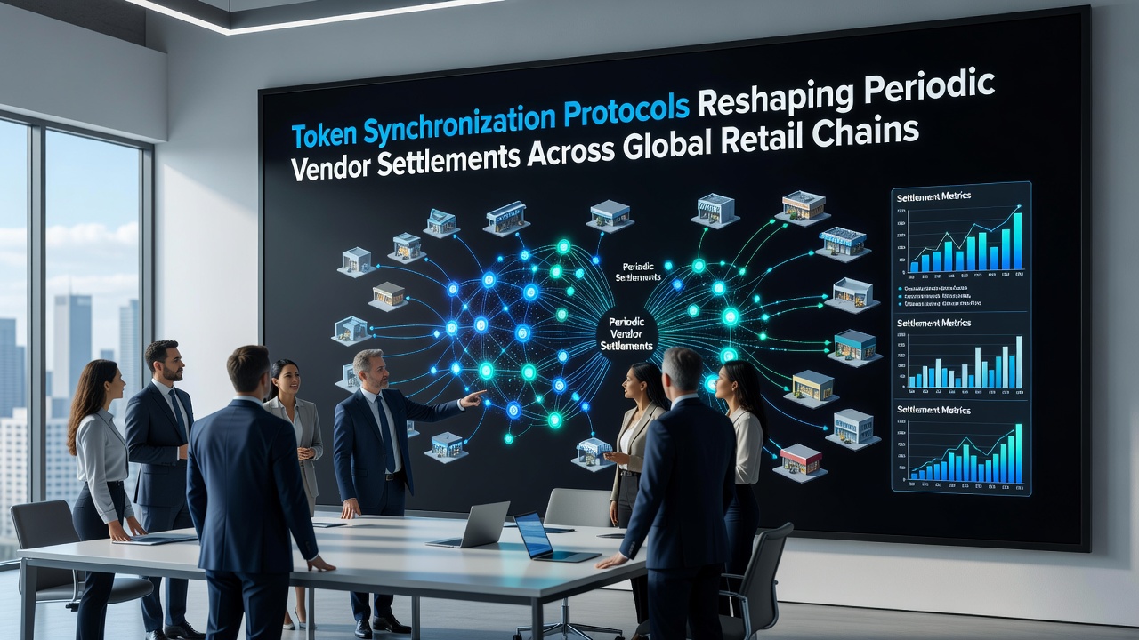 Visualization of token synchronization protocols coordinating vendor payments in retail supply chains