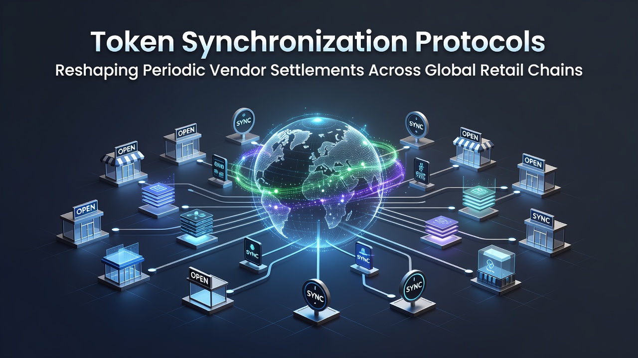 Global retail supply chain network showing synchronized token flows between vendors and chains