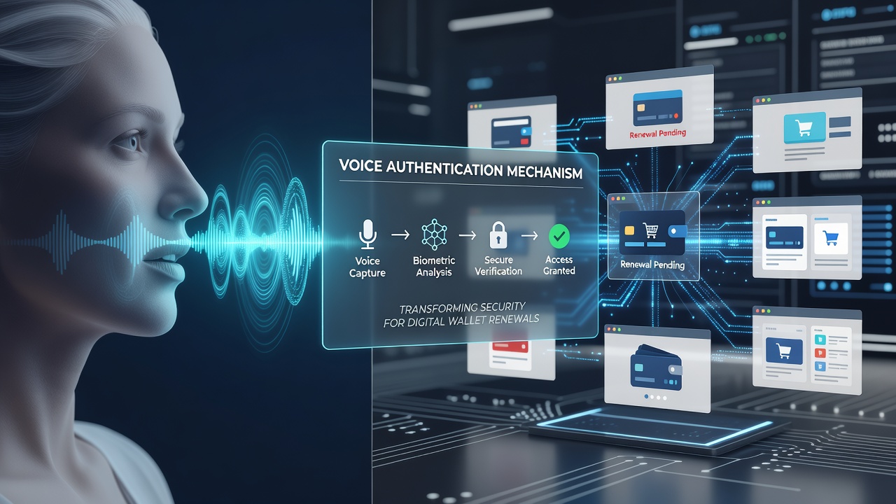 Voice authentication interface integrated with digital wallet renewal process showing biometric verification screen
